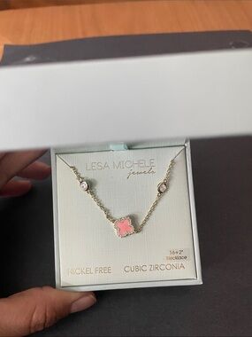 Gold Necklace with Pink Clover Pendant and CZ Accents